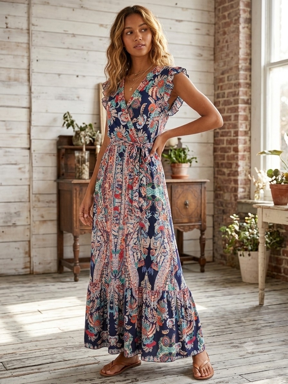 IRIS Irie Floral Paisley Maxi Dress Small Wrap Tiered Ruffle Boho Festival S